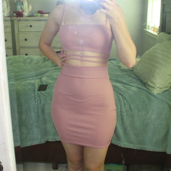 mauve ribbed strappy cut out detail bodycon dress